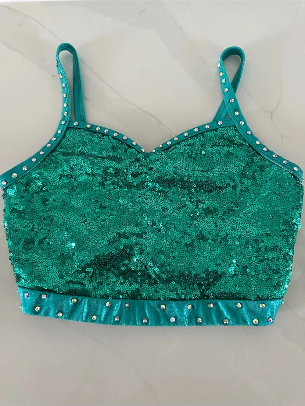 Weissman Emerald Sequin Crop Top & Fringe dance Halloween costume. Sozr youth L